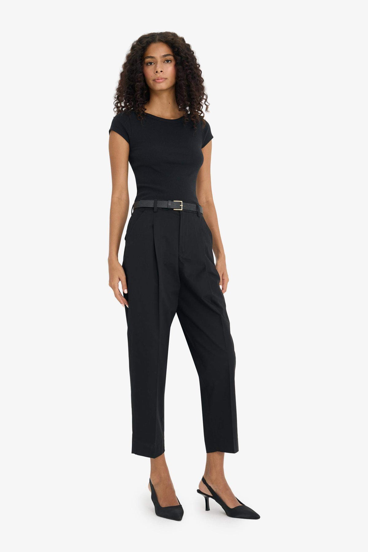 Carrot Fit High Waist Belted Crop Trousers