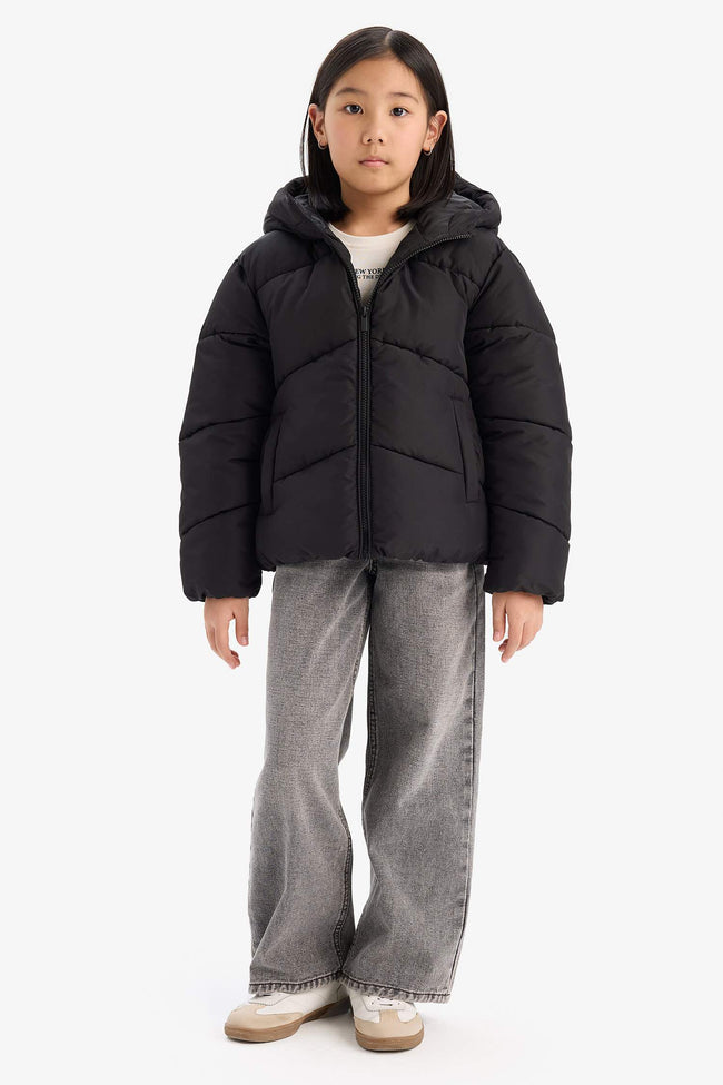 Girls Water-Repellent Hooded Zippered Puffer Coat Main Image