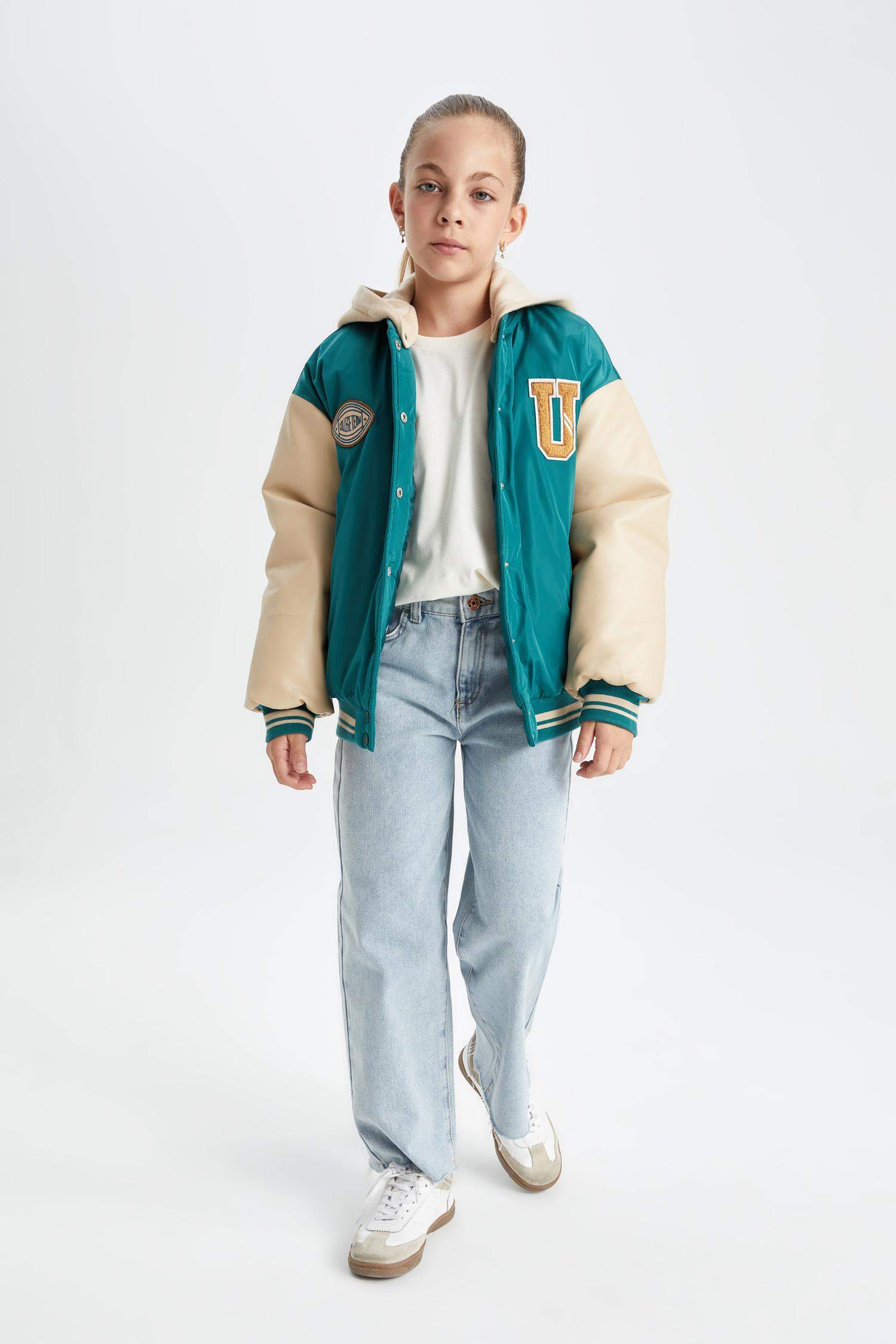 Girls Removable Hooded College Collar Bomber Jacket with Snap Button and Pocket