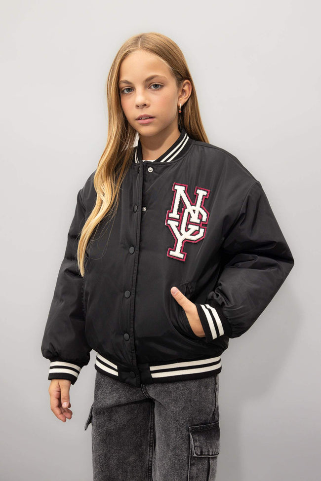 Girls Waterproof College Collar Bomber Jacket with Snap Button and Pocket Hover Image