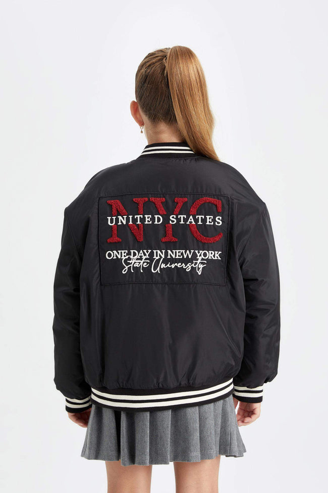 Girls Waterproof College Collar Bomber Jacket with Snap Button and Pocket Main Image