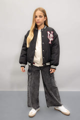 Girls Waterproof College Collar Bomber Jacket with Snap Button and Pocket