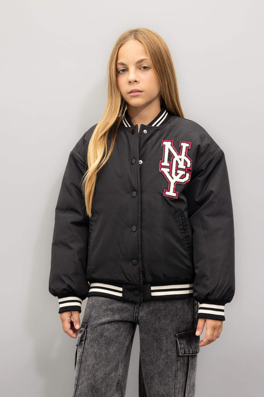 Girls Waterproof College Collar Bomber Jacket with Snap Button and Pocket