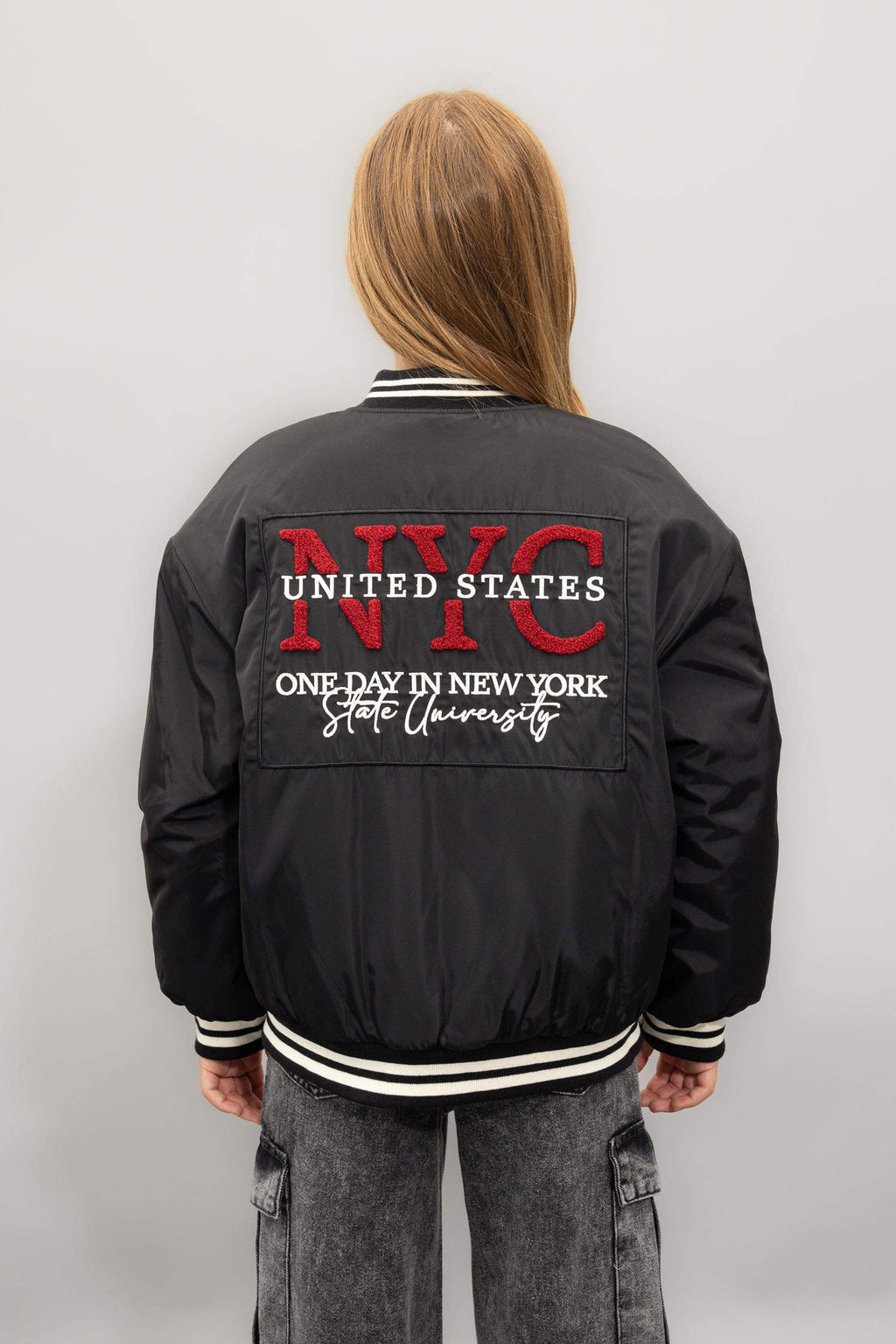 Girls Waterproof College Collar Bomber Jacket with Snap Button and Pocket