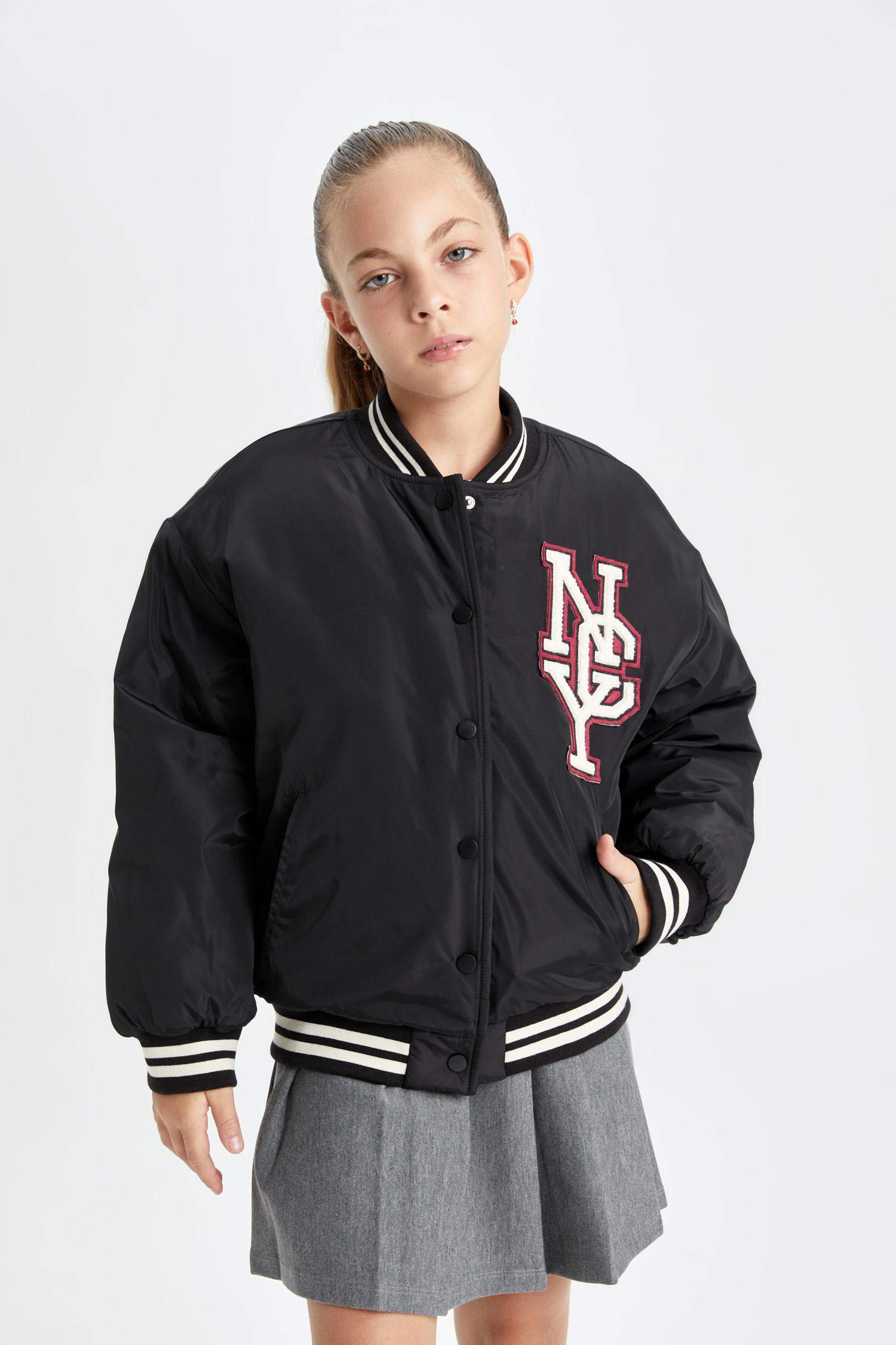 Girls Waterproof College Collar Bomber Jacket with Snap Button and Pocket