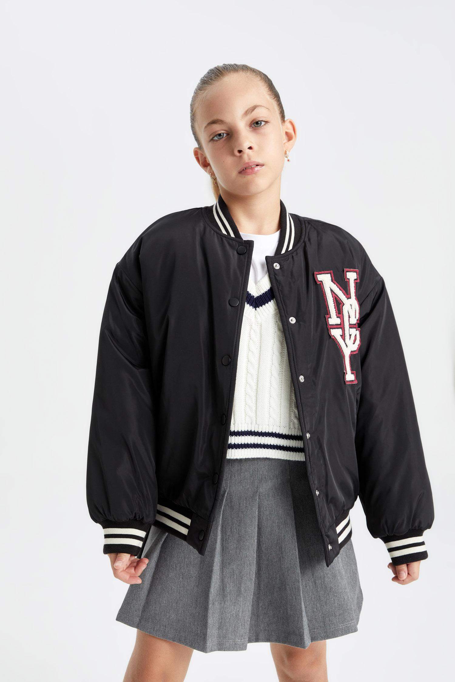 Girls Waterproof College Collar Bomber Jacket with Snap Button and Pocket