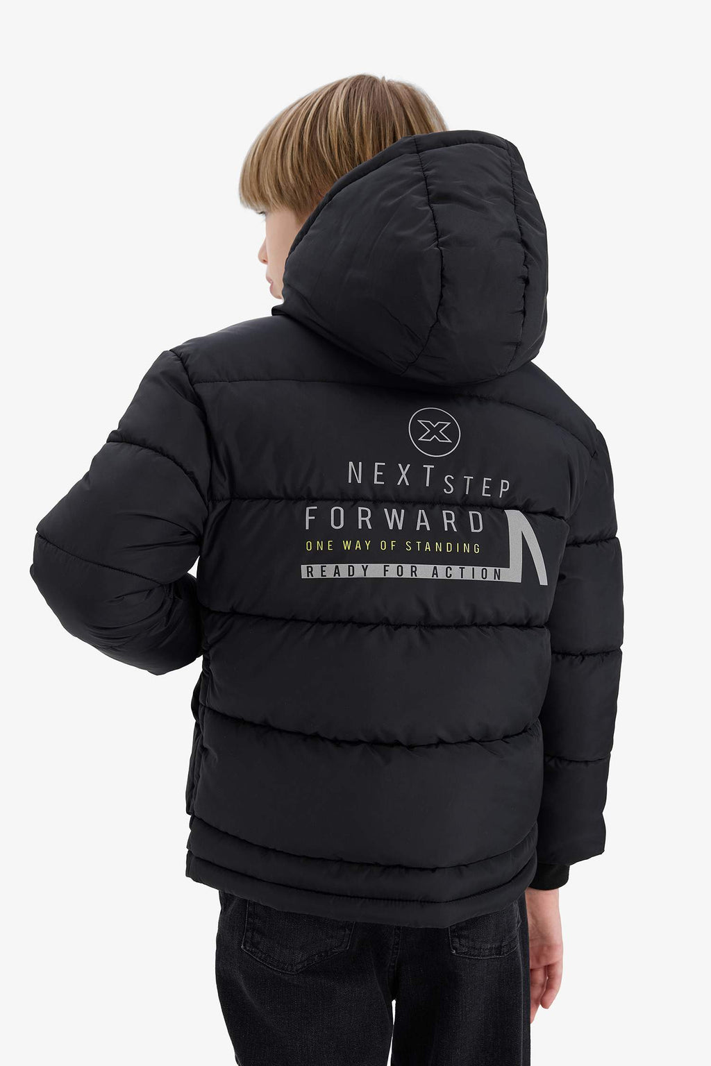 Boys Waterproof Hooded Back Printed Zippered Puffer Jacket