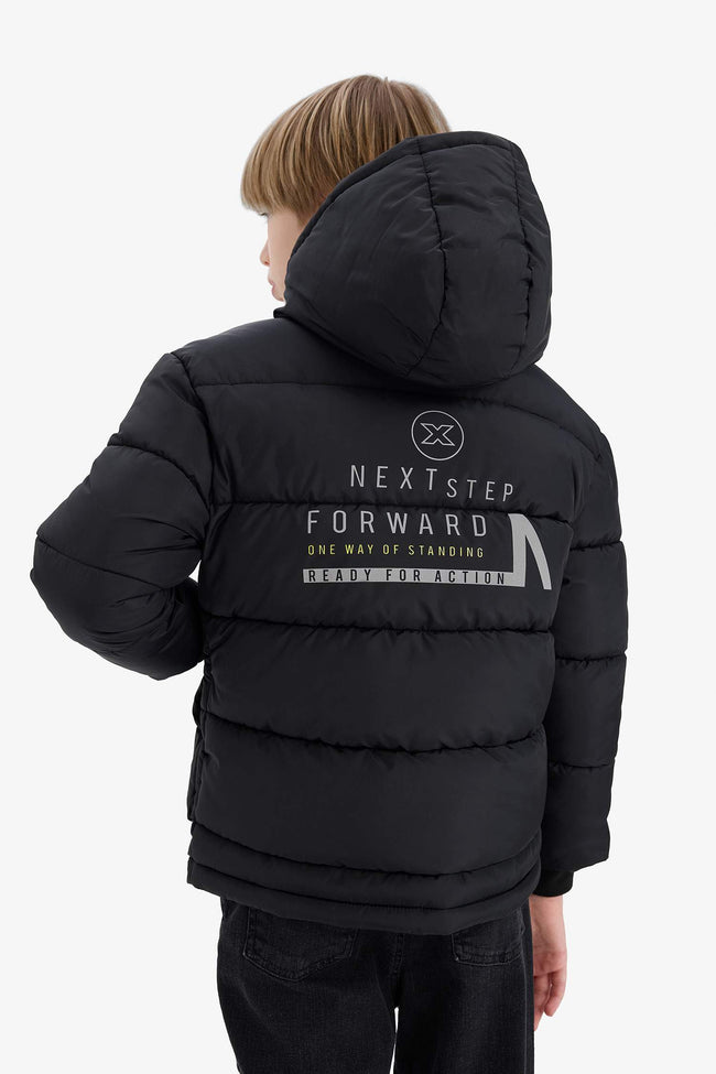 Boys Waterproof Hooded Back Printed Zippered Puffer Jacket Hover Image