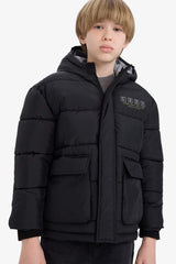 Boys Waterproof Hooded Back Printed Zippered Puffer Jacket
