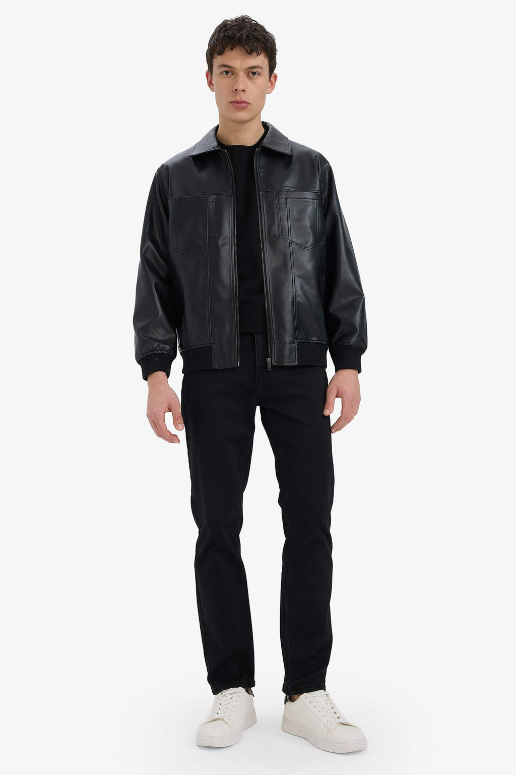 Water Repellent Regular Fit Shirt Collar Zippered Faux Leather Seasonal Jacket Coat with Inner Pocket