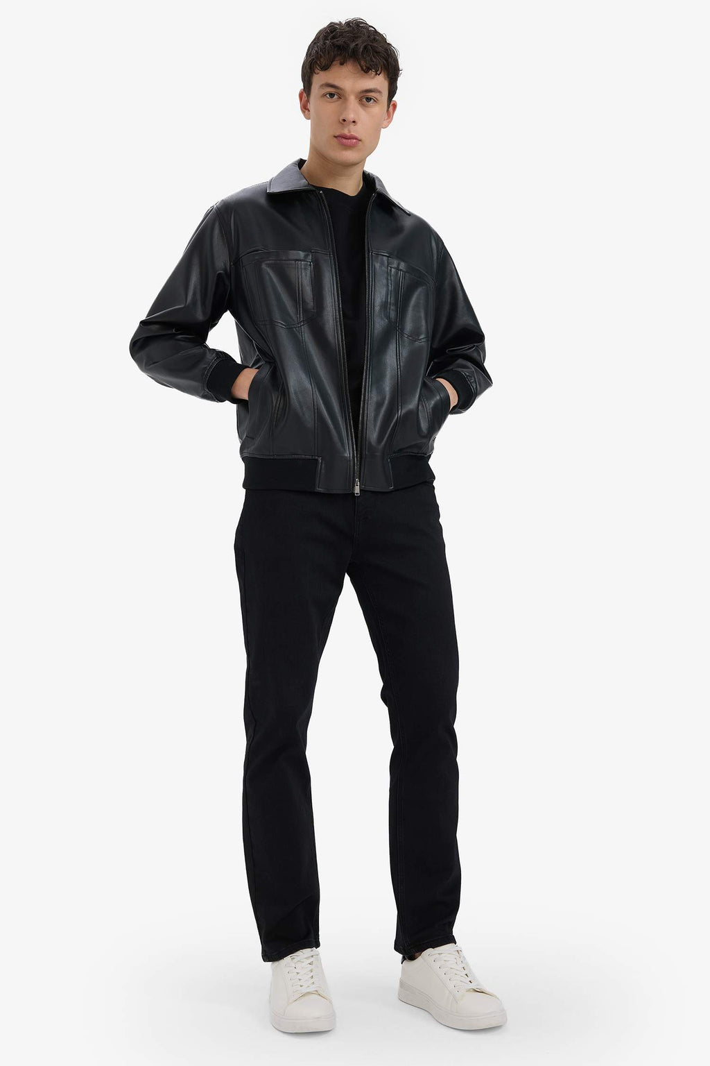 Water Repellent Regular Fit Shirt Collar Zippered Faux Leather Seasonal Jacket Coat with Inner Pocket