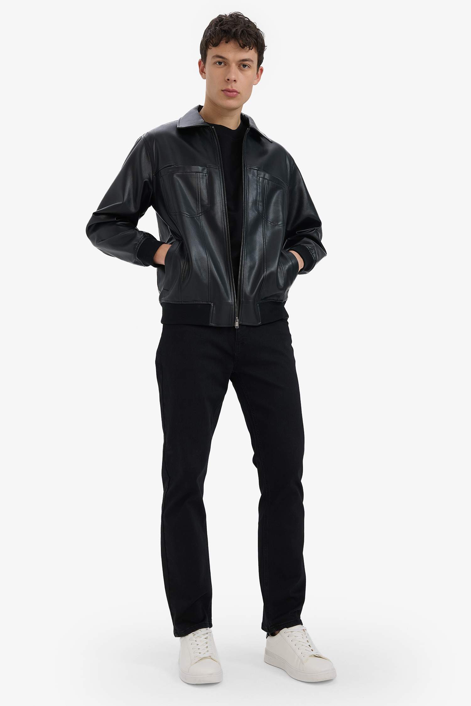 Water Repellent Regular Fit Shirt Collar Zippered Faux Leather Seasonal Jacket Coat with Inner Pocket