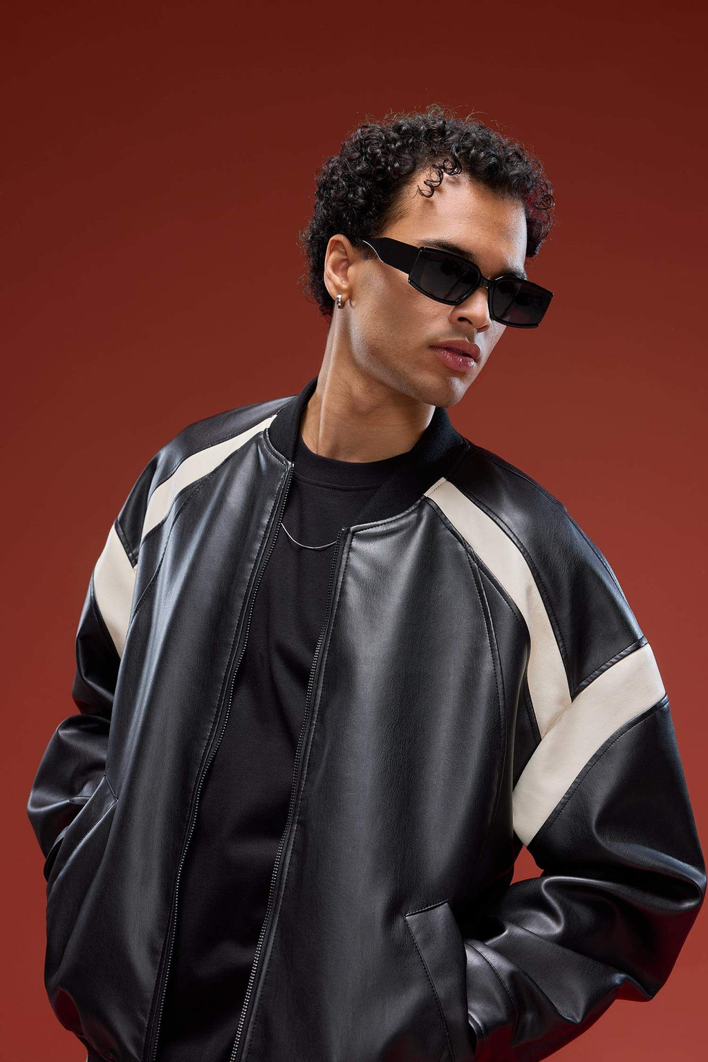 Water Repellent Regular Fit College Collar Zippered Bomber Seasonal Spring Leather Jacket Coat with Internal Pocket Detail