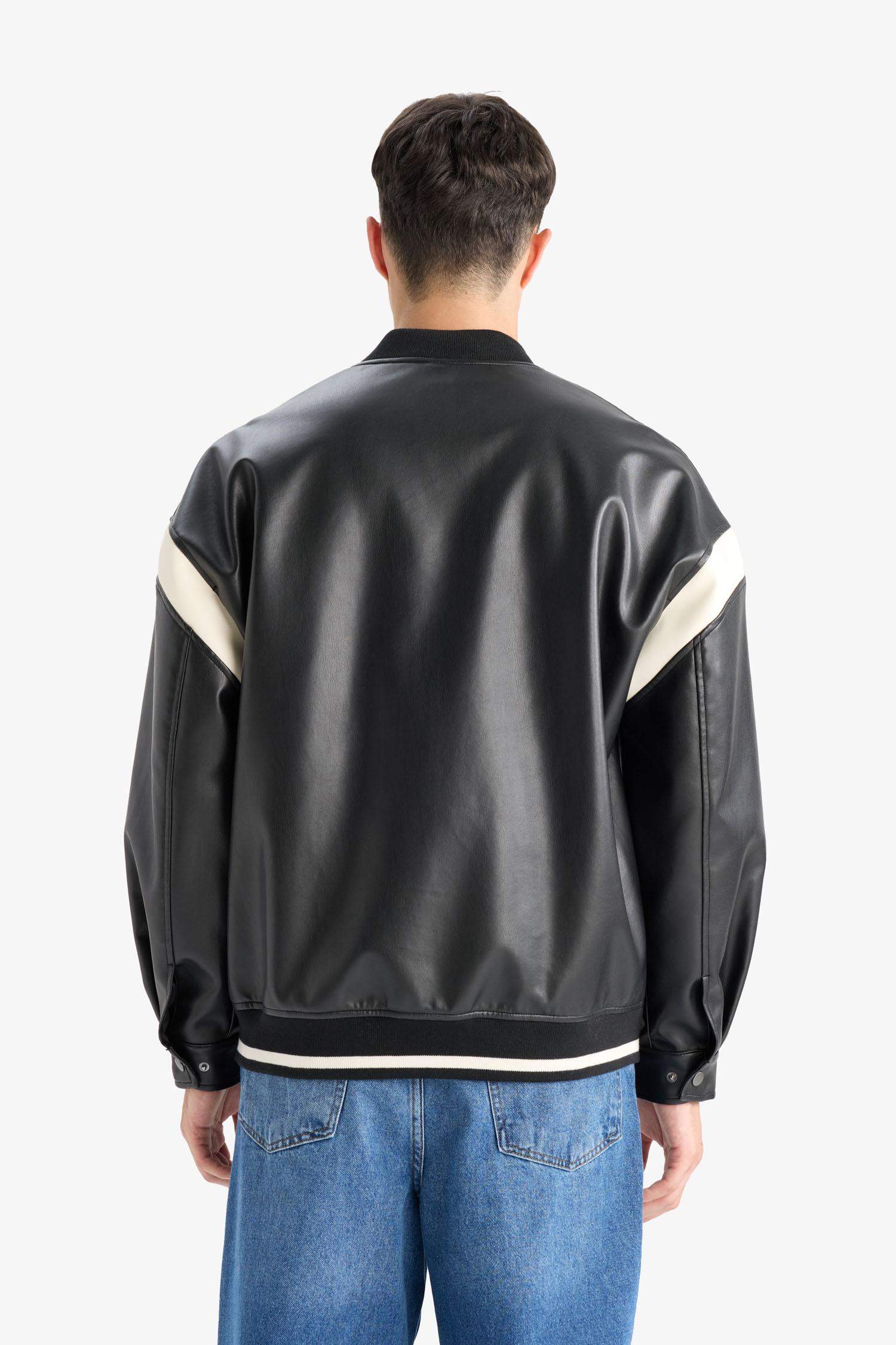 Water Repellent Regular Fit College Collar Zippered Bomber Seasonal Spring Leather Jacket Coat with Internal Pocket Detail