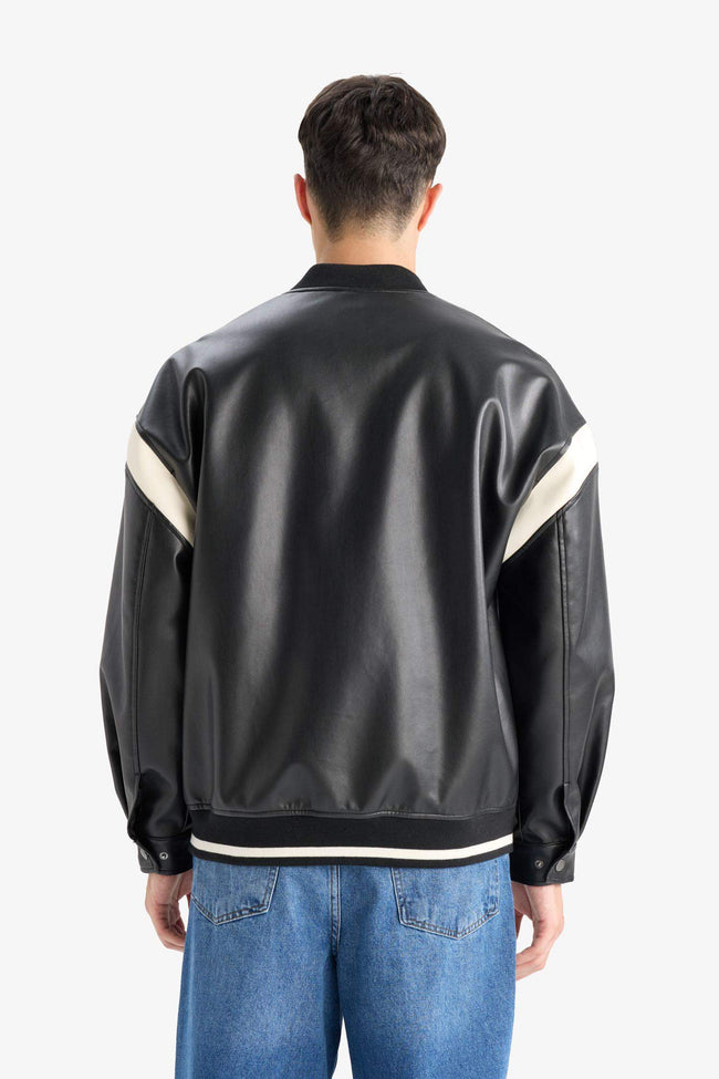 Water Repellent Regular Fit College Collar Zippered Bomber Seasonal Spring Leather Jacket Coat with Internal Pocket Detail Main Image