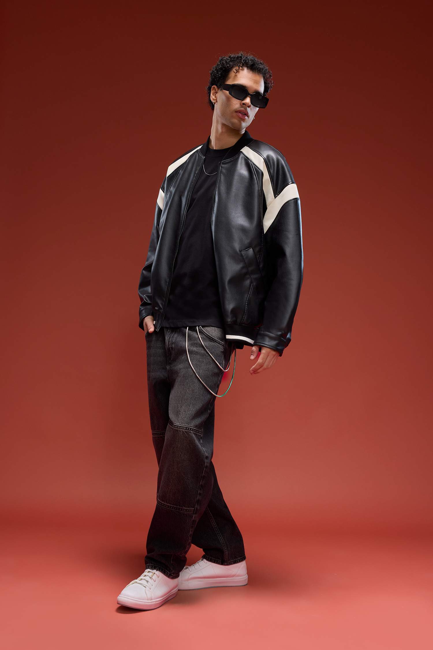 Water Repellent Regular Fit College Collar Zippered Bomber Seasonal Spring Leather Jacket Coat with Internal Pocket Detail