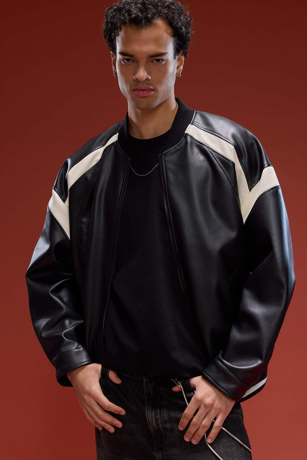 Water Repellent Regular Fit College Collar Zippered Bomber Seasonal Spring Leather Jacket Coat with Internal Pocket Detail