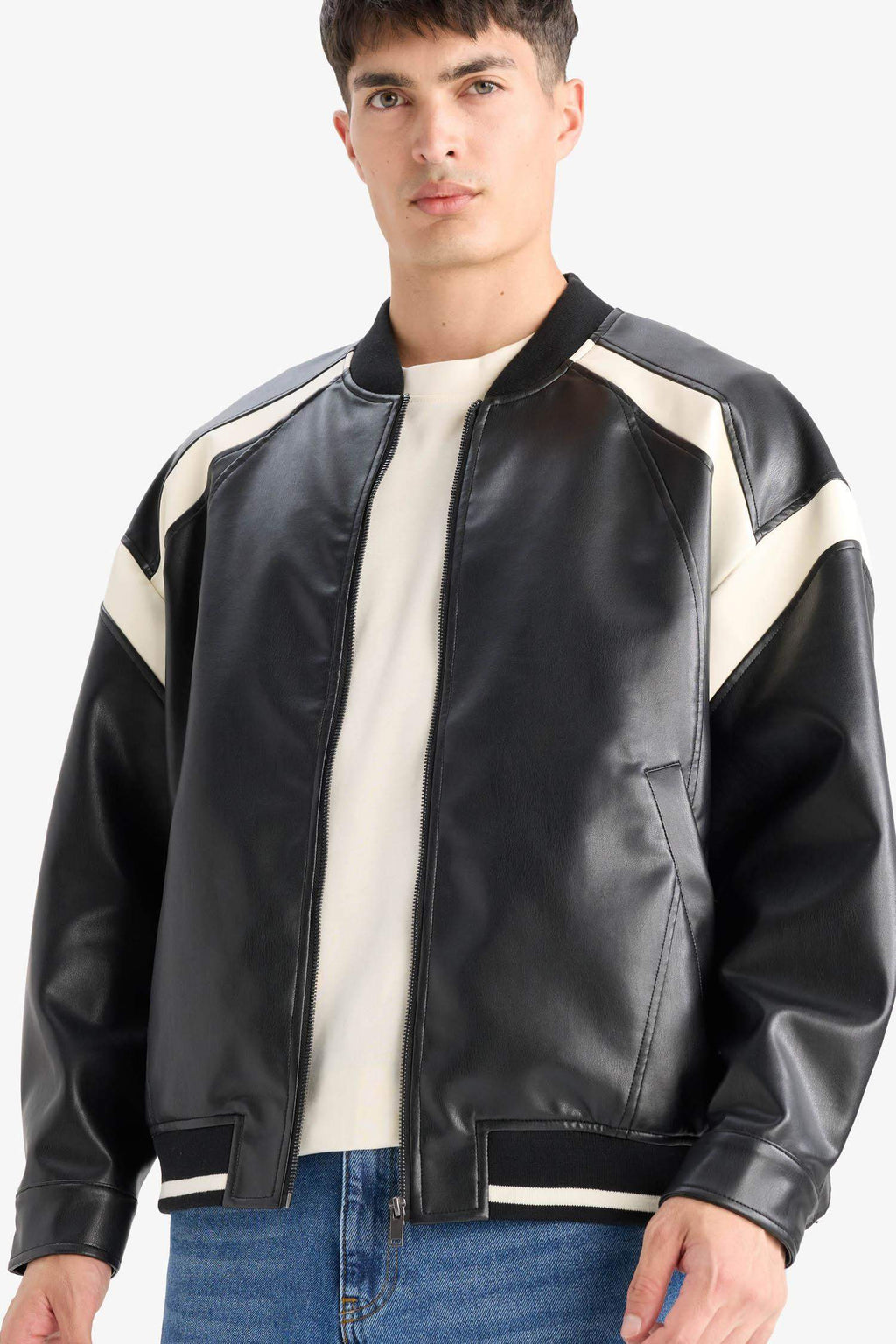 Water Repellent Regular Fit College Collar Zippered Bomber Seasonal Spring Leather Jacket Coat with Internal Pocket Detail