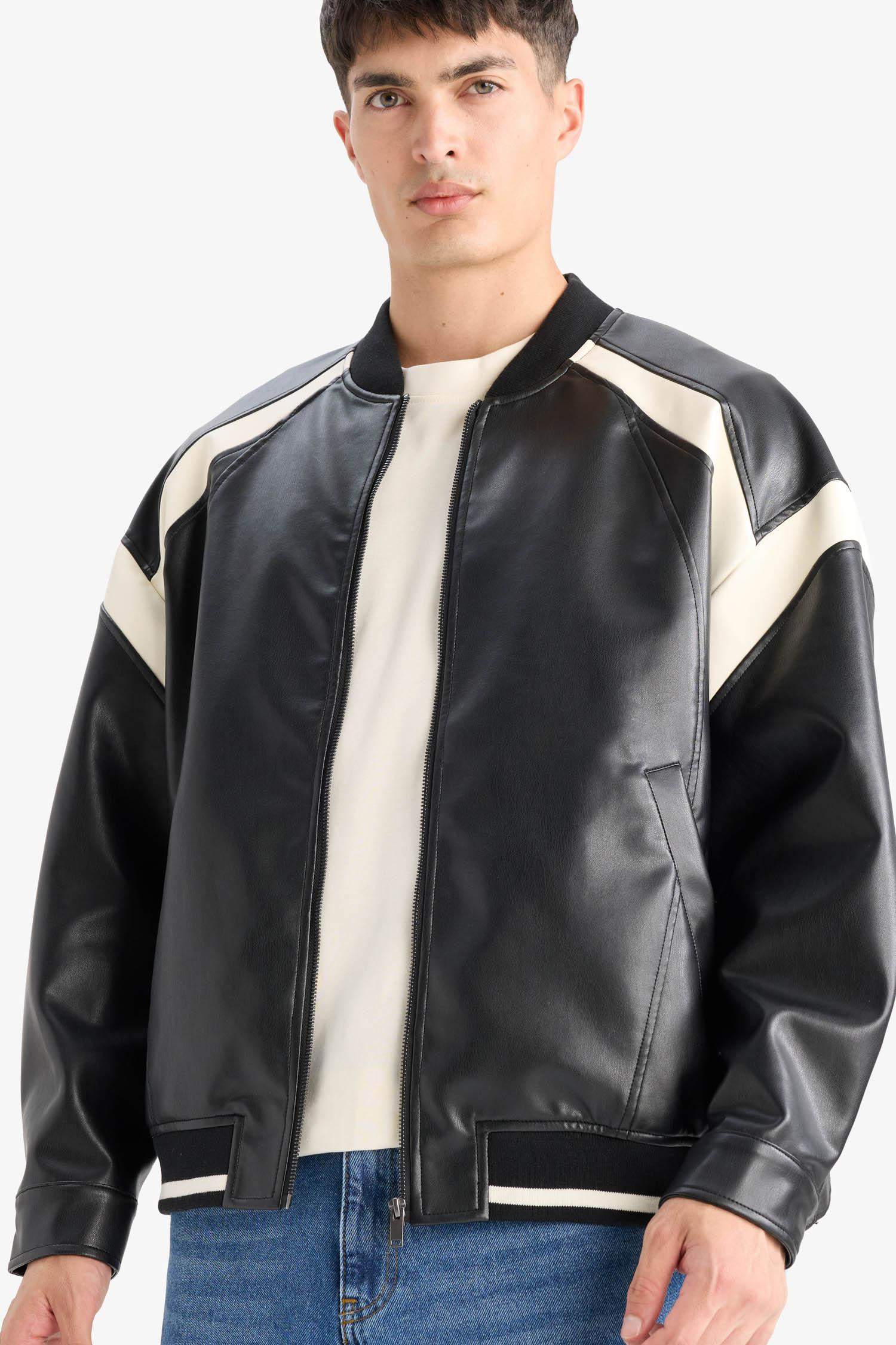 Water Repellent Regular Fit College Collar Zippered Bomber Seasonal Spring Leather Jacket Coat with Internal Pocket Detail