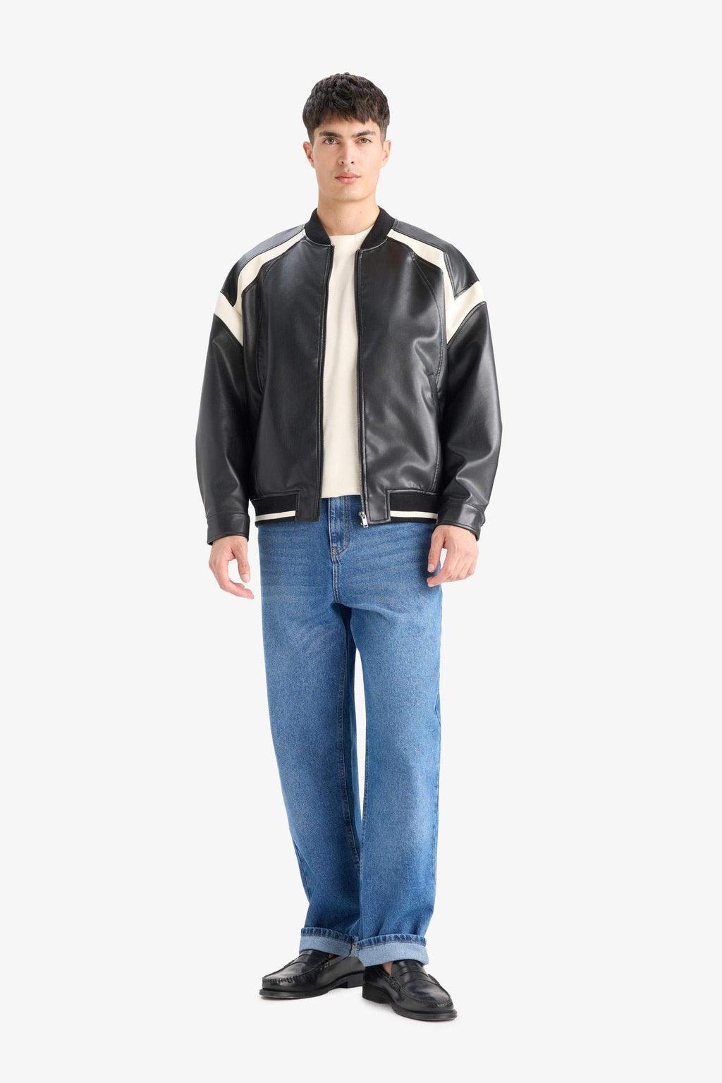 Water Repellent Regular Fit College Collar Zippered Bomber Seasonal Spring Leather Jacket Coat with Internal Pocket Detail