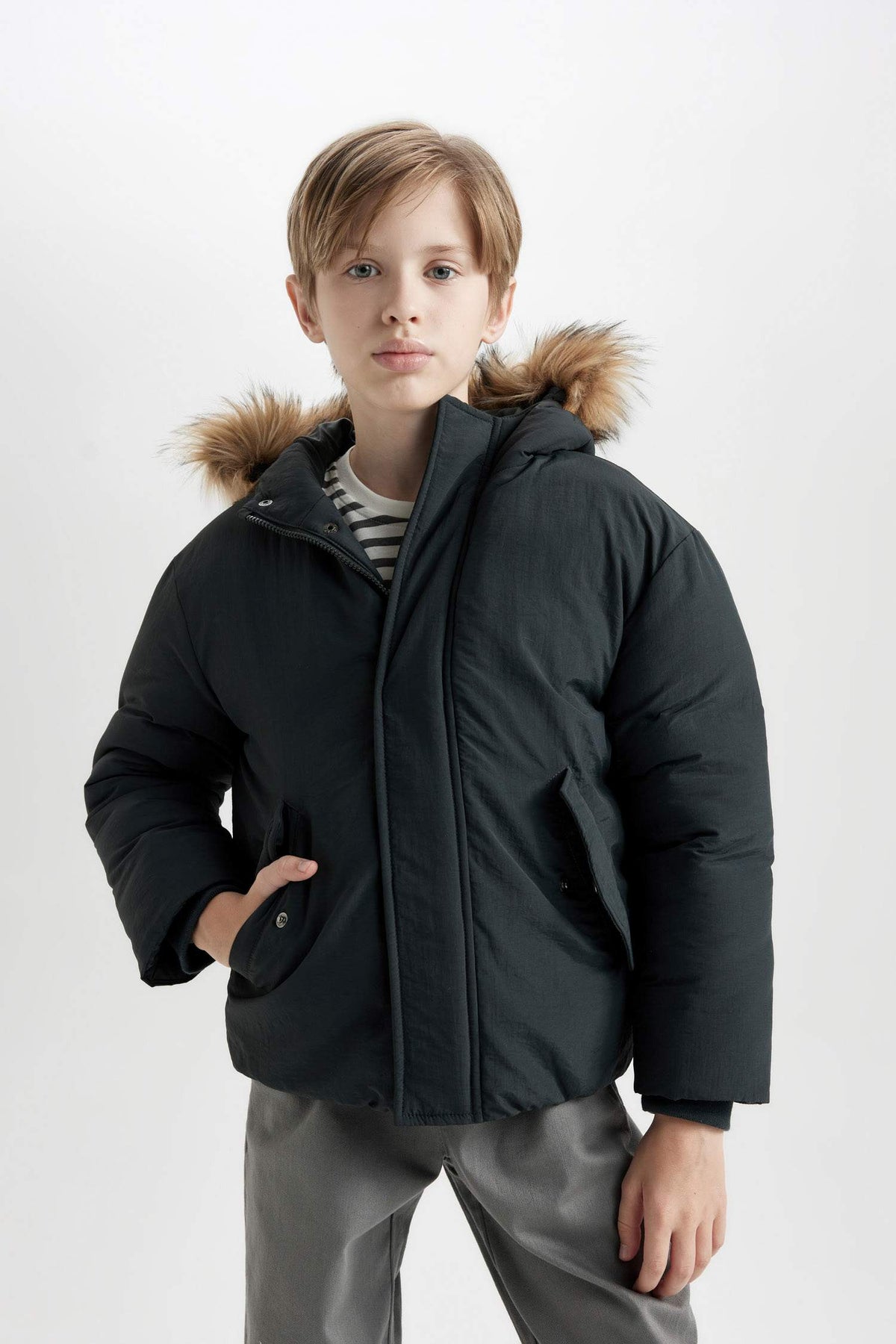 Boys Detachable Faux Fur Collar Hooded Zippered Snap Pocket Coat