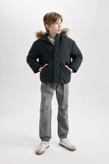 Boys Detachable Faux Fur Collar Hooded Zippered Snap Pocket Coat