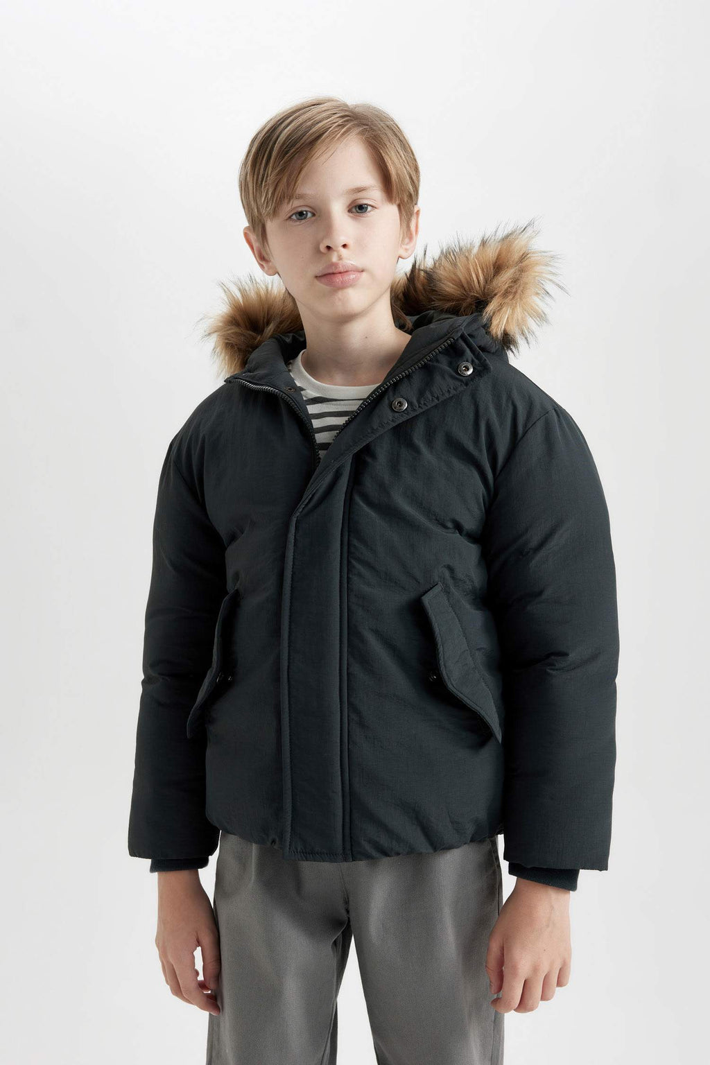 Boys Detachable Faux Fur Collar Hooded Zippered Snap Pocket Coat
