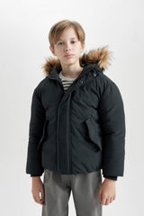 Boys Detachable Faux Fur Collar Hooded Zippered Snap Pocket Coat