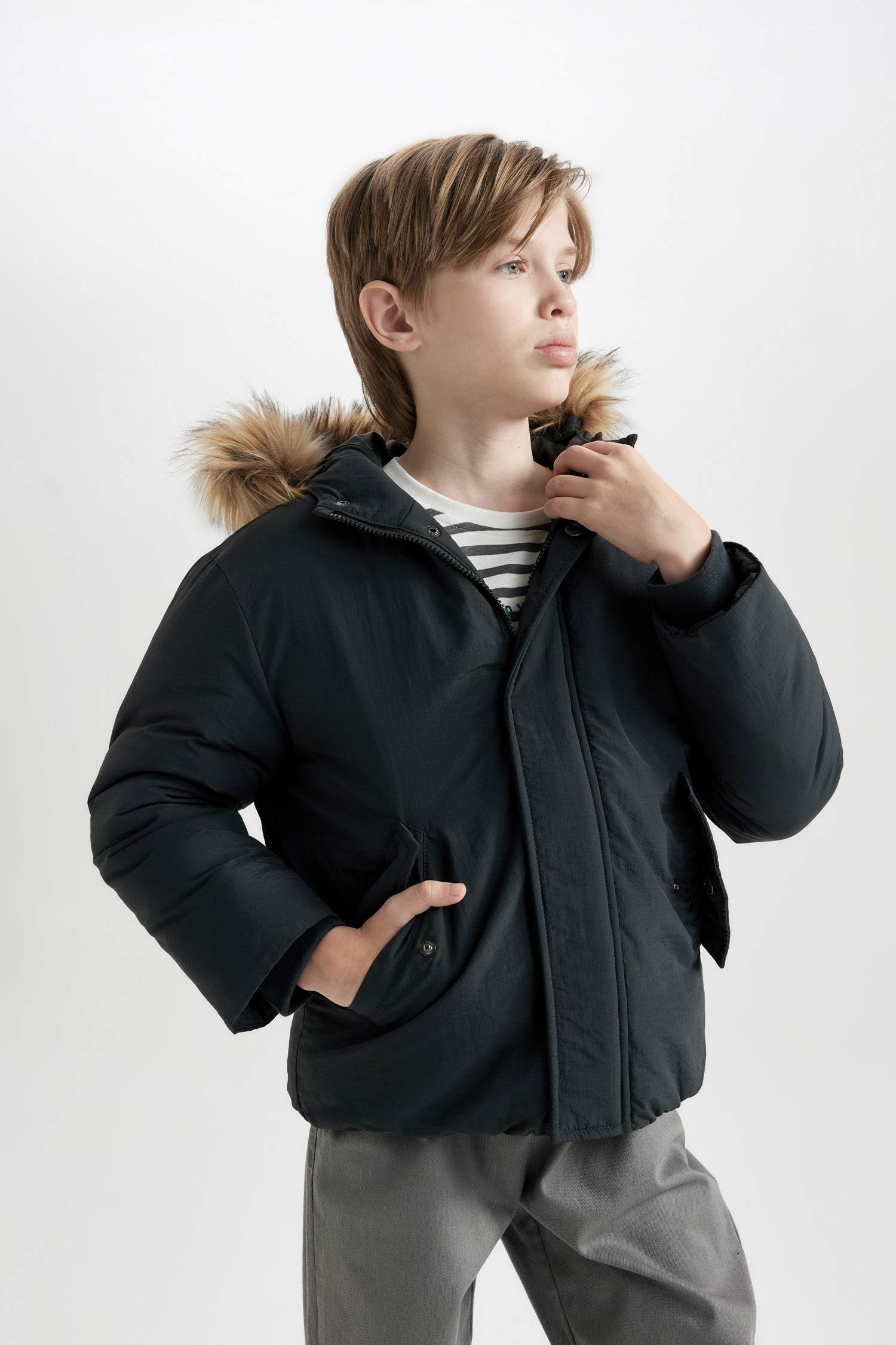 Boys Detachable Faux Fur Collar Hooded Zippered Snap Pocket Coat