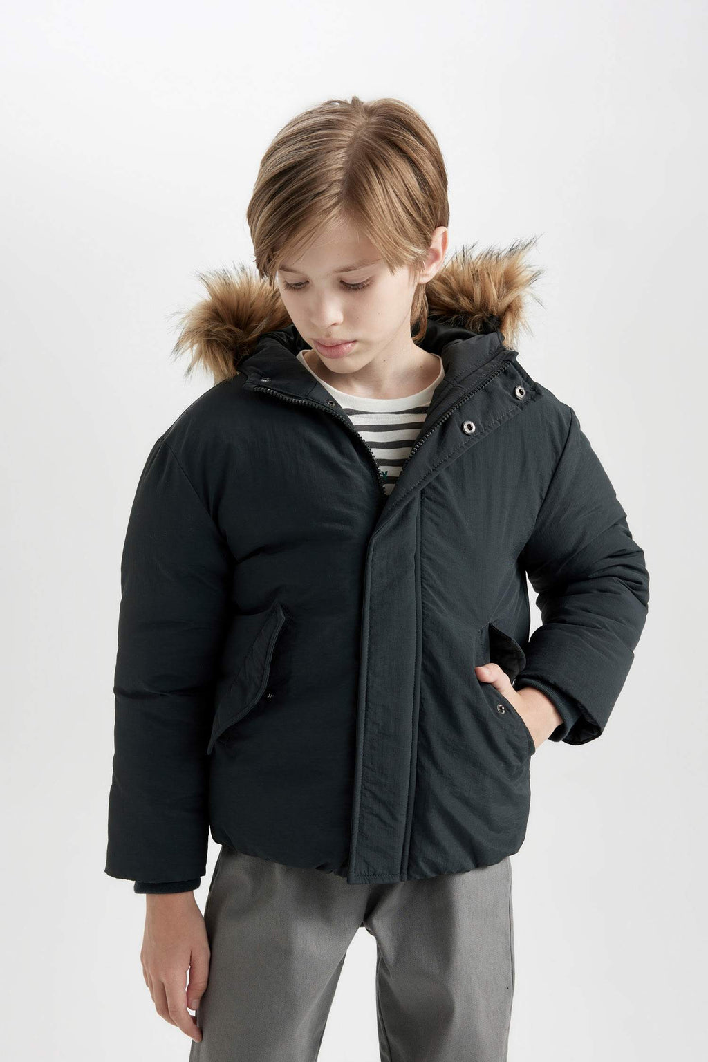 Boys Detachable Faux Fur Collar Hooded Zippered Snap Pocket Coat