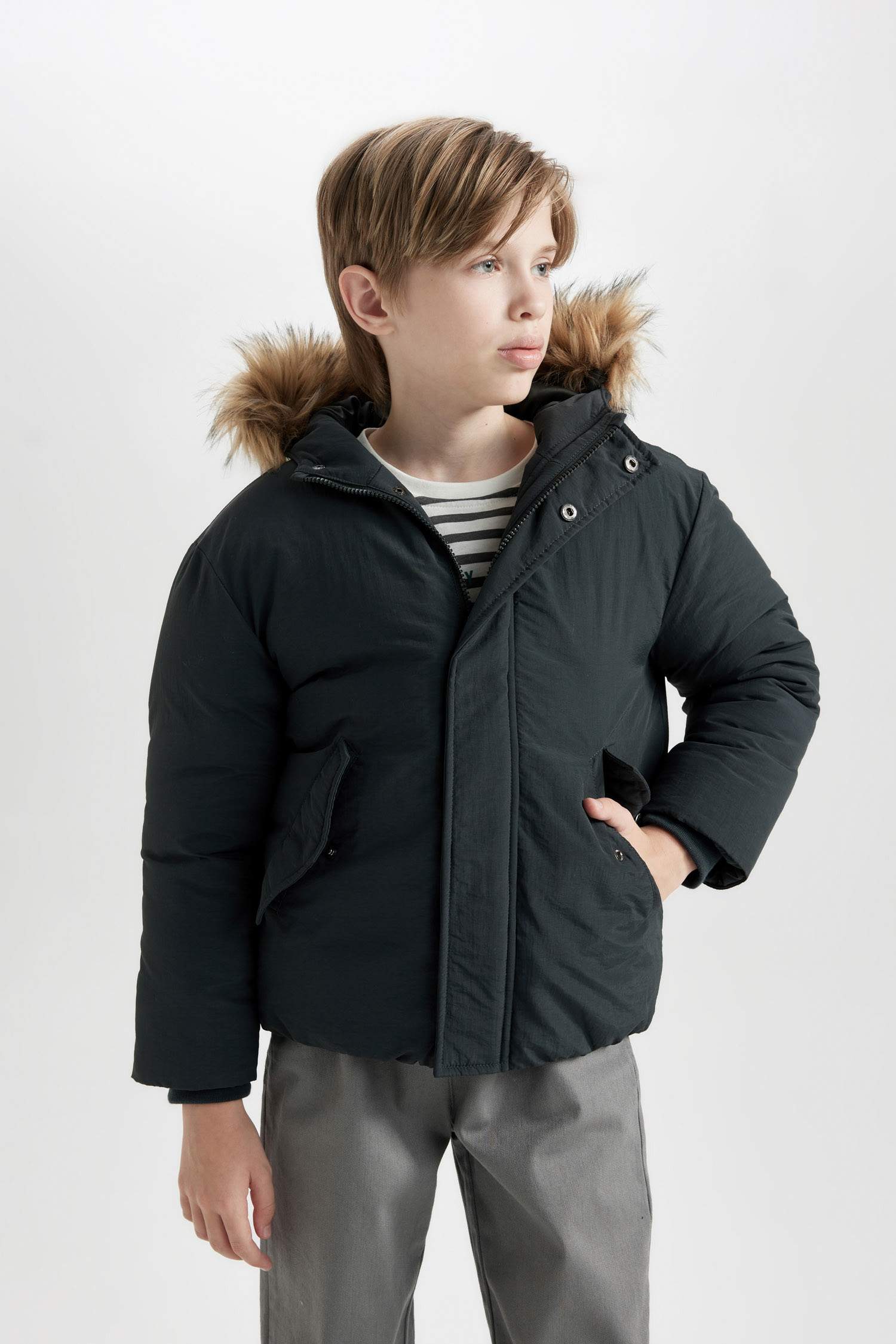 Boys Detachable Faux Fur Collar Hooded Zippered Snap Pocket Coat