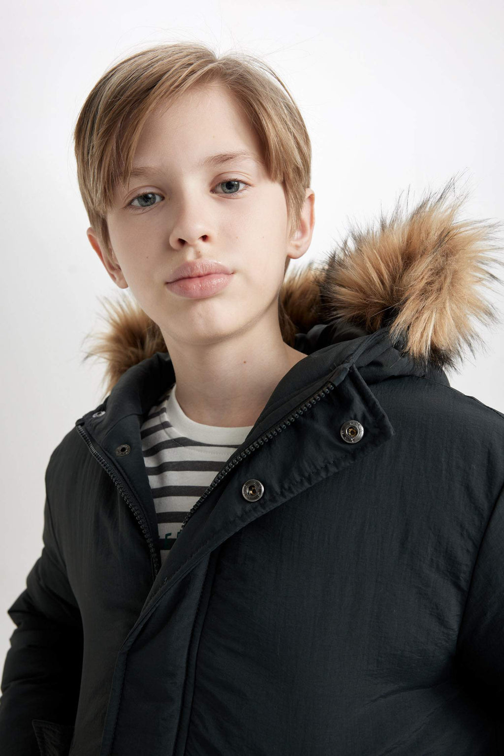 Boys Detachable Faux Fur Collar Hooded Zippered Snap Pocket Coat
