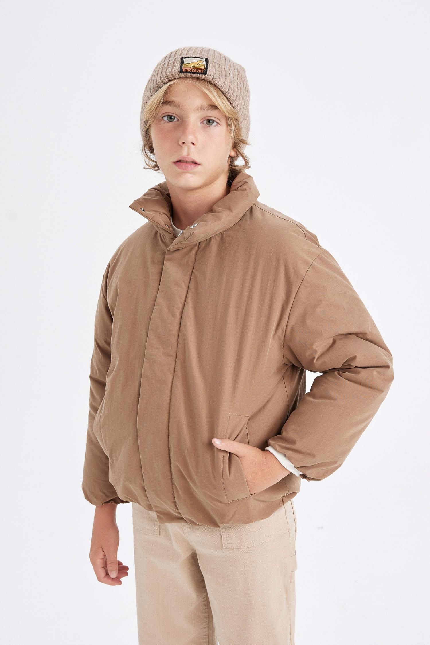Boys Waterproof Stand-up Collar Zippered Pocket Coat
