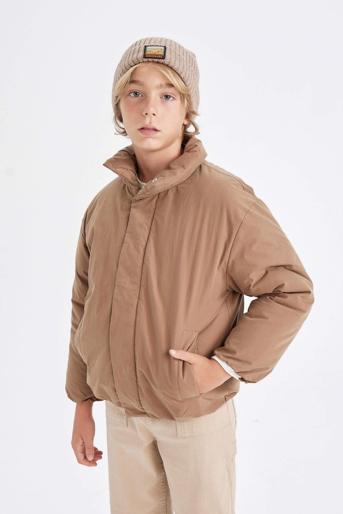 Boys Waterproof Stand-up Collar Zippered Pocket Coat