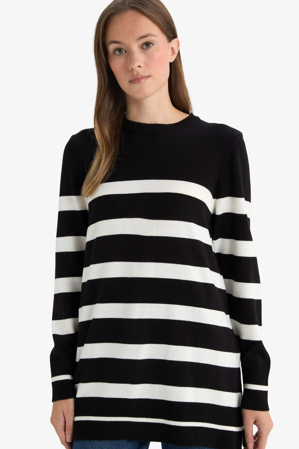 Regular Fit Crew Neck Striped Sweater Tunic