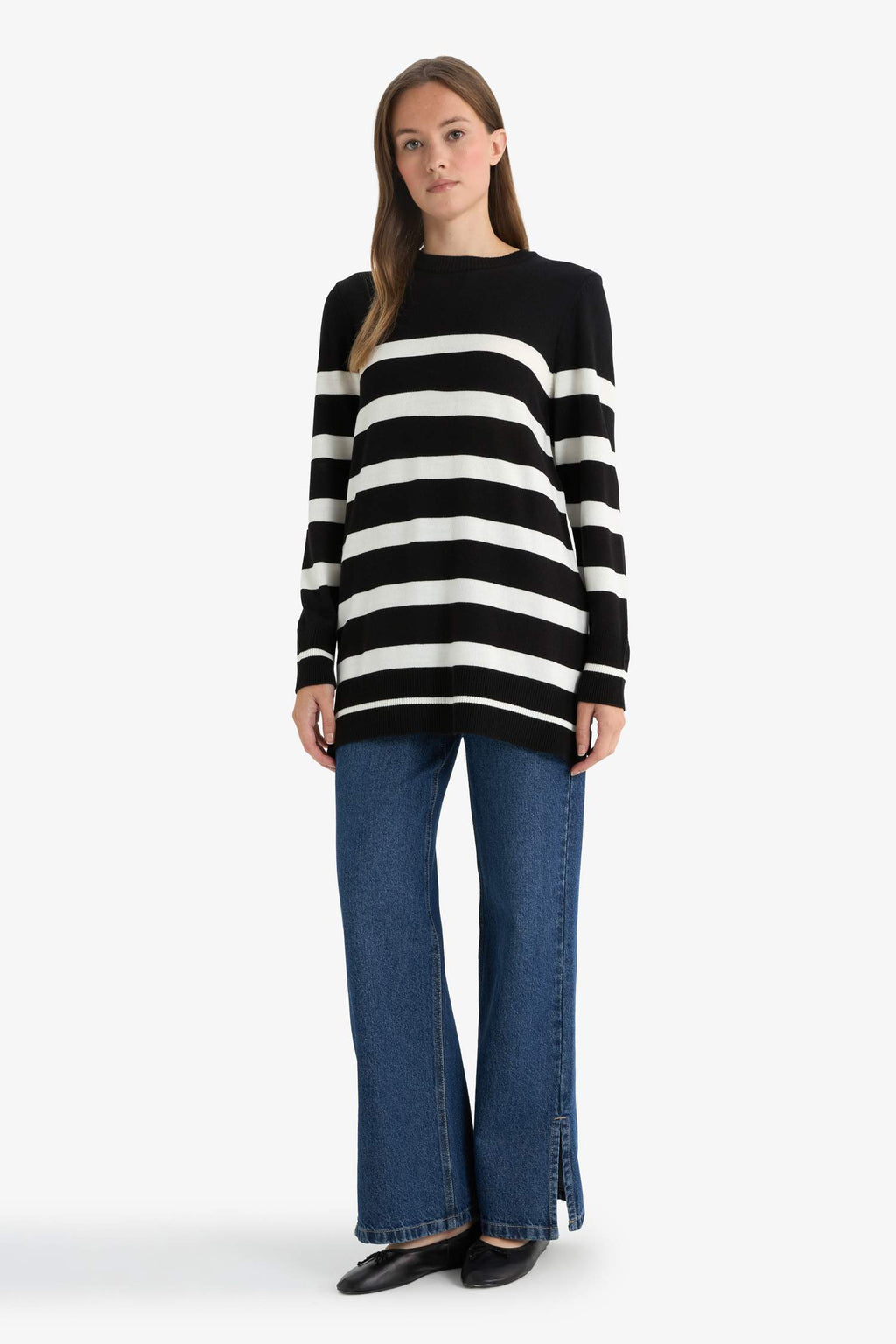 Regular Fit Crew Neck Striped Sweater Tunic