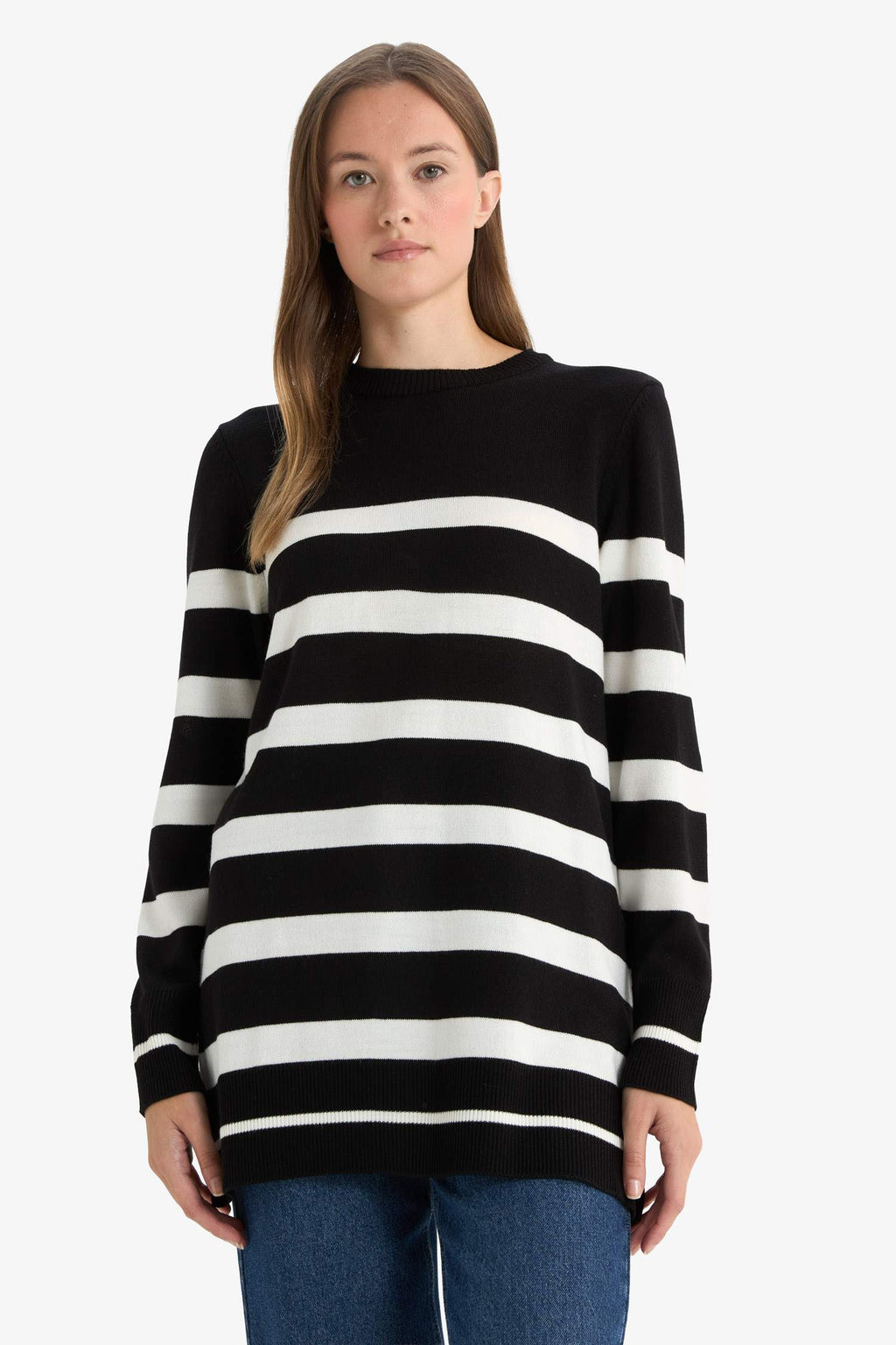 Regular Fit Crew Neck Striped Sweater Tunic