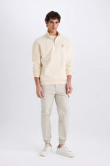 Comfort Regular Fit Zippered Stand Collar Printed Sweatshirt