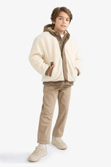 Boys' Hooded Plush Jacket with Snap Button and Zipper