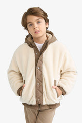 Boys' Hooded Plush Jacket with Snap Button and Zipper