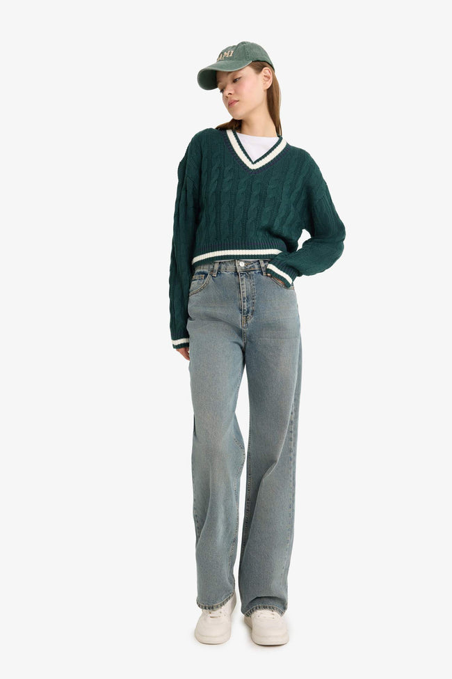 Regular Fit V-Neck Cable Knit Sweater Main Image