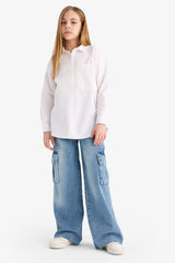 Girls Oversize Wide Pattern Oxford Long Sleeve Shirt