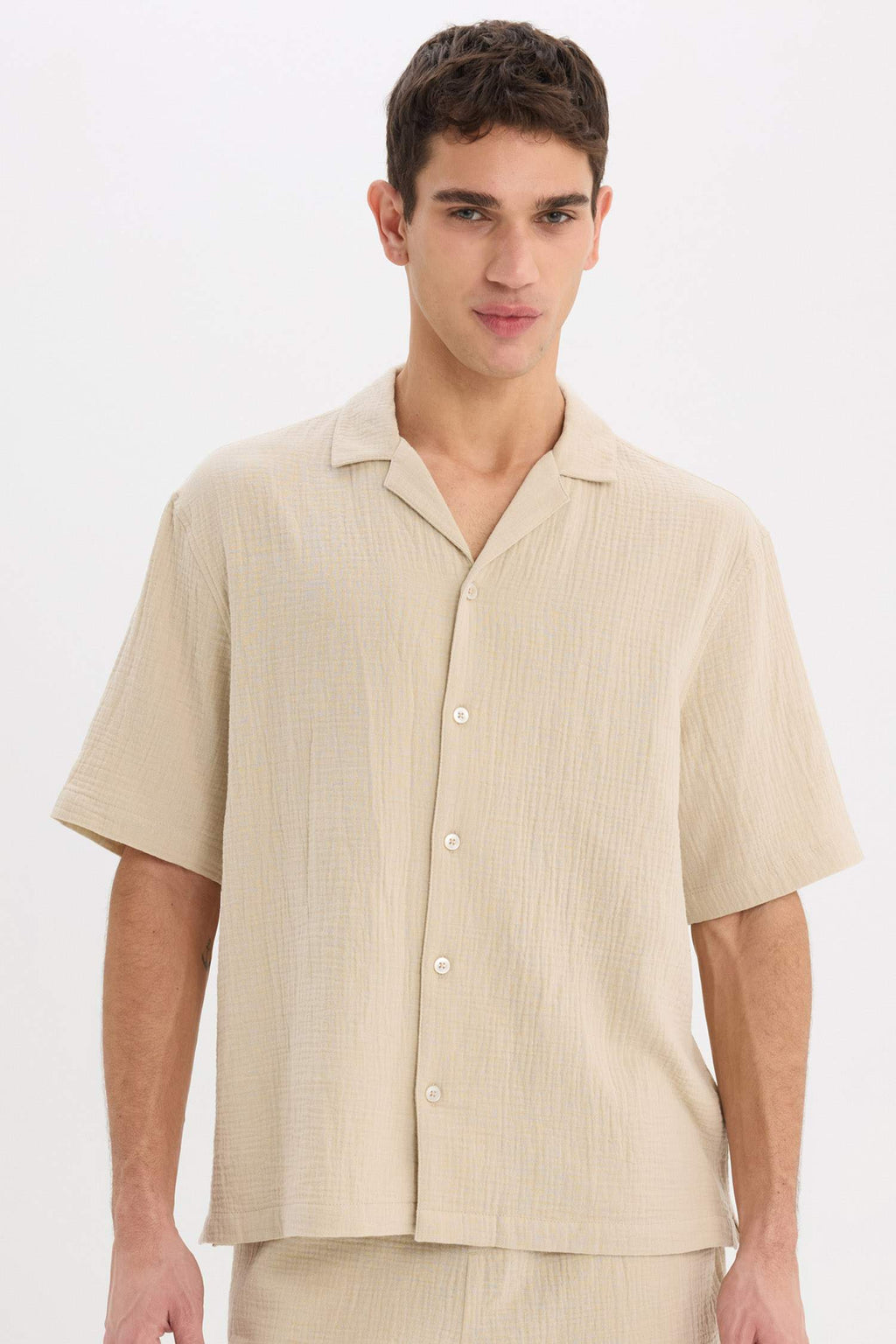 100% Cotton Relax Fit Polo Collar Cotton Summer Muslin Short Sleeve Shirt