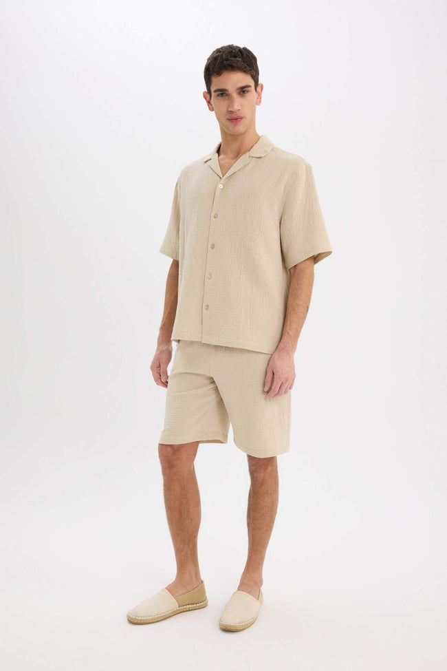 100% Cotton Relax Fit Polo Collar Cotton Summer Muslin Short Sleeve Shirt Main Image