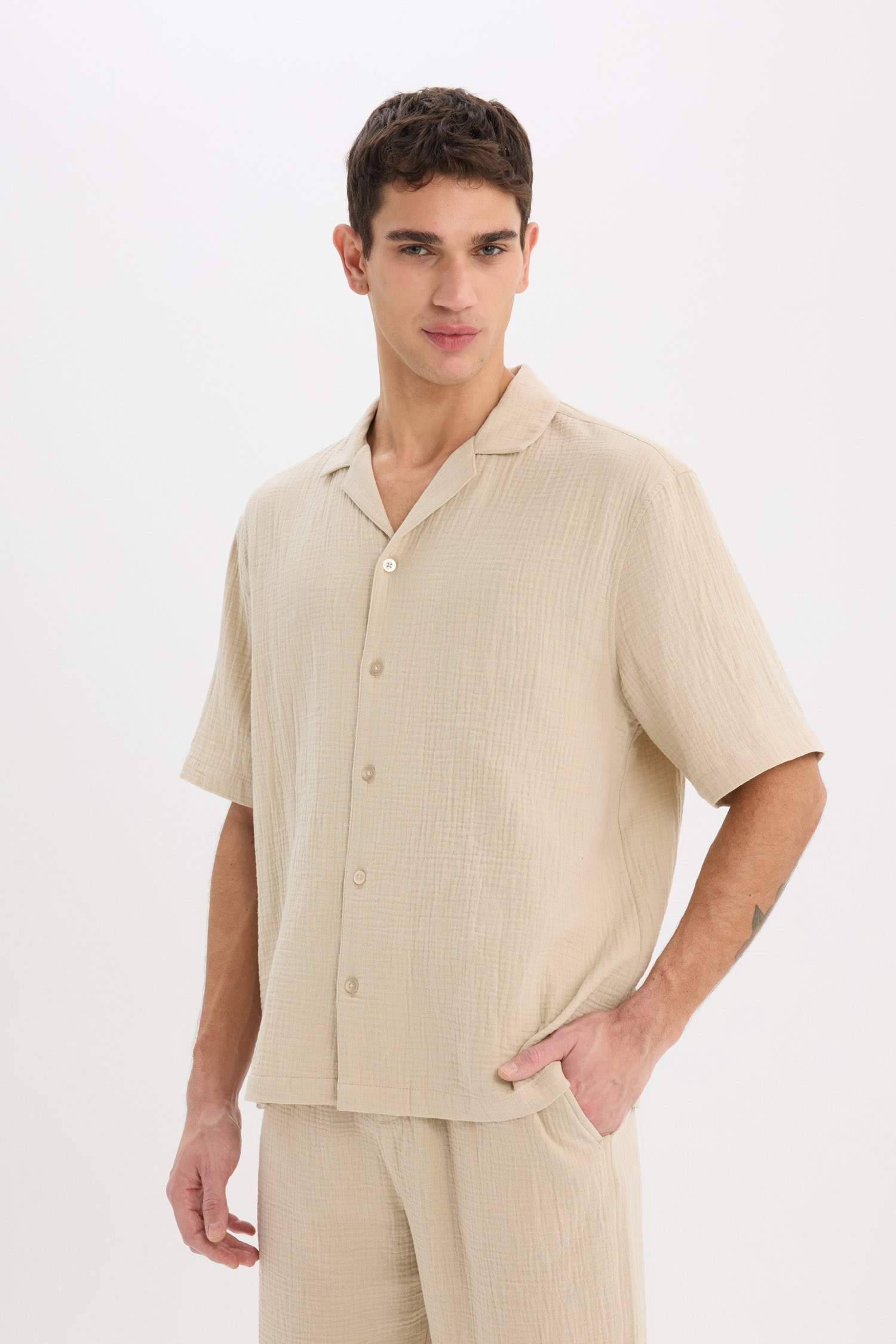 100% Cotton Relax Fit Polo Collar Cotton Summer Muslin Short Sleeve Shirt