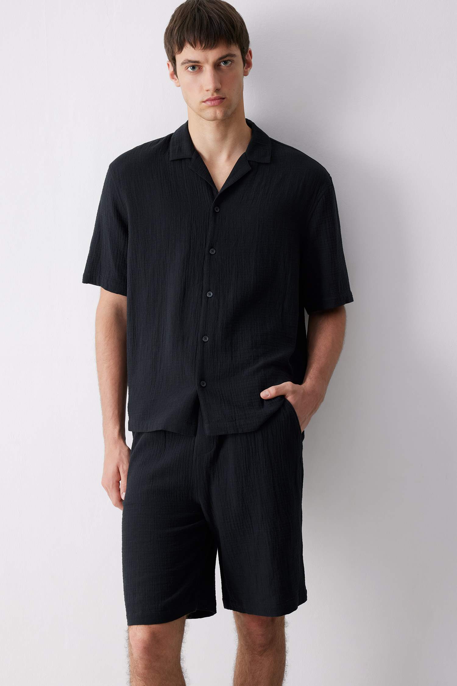 100% Cotton Relax Fit Polo Collar Cotton Summer Muslin Short Sleeve Shirt