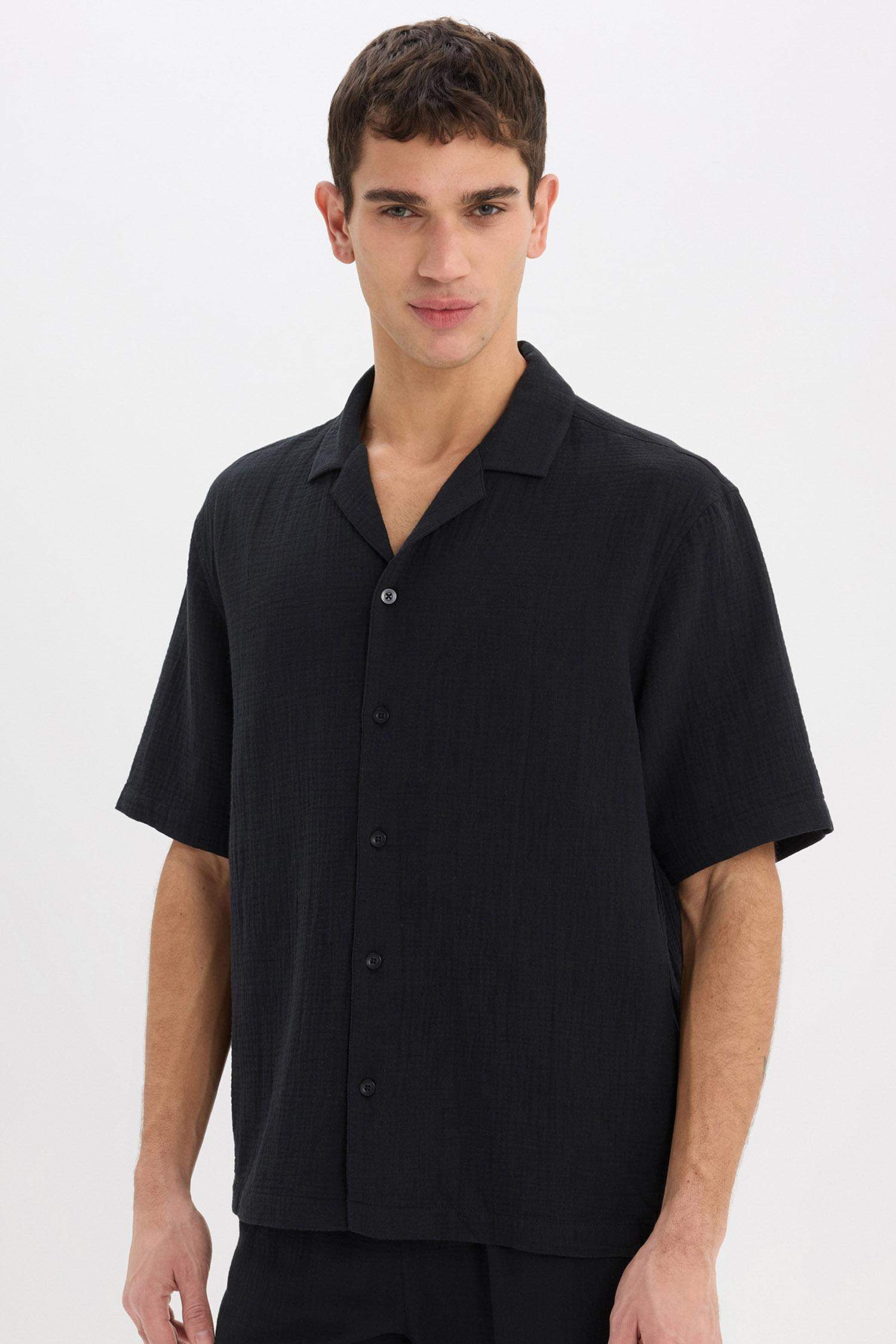 100% Cotton Relax Fit Polo Collar Cotton Summer Muslin Short Sleeve Shirt