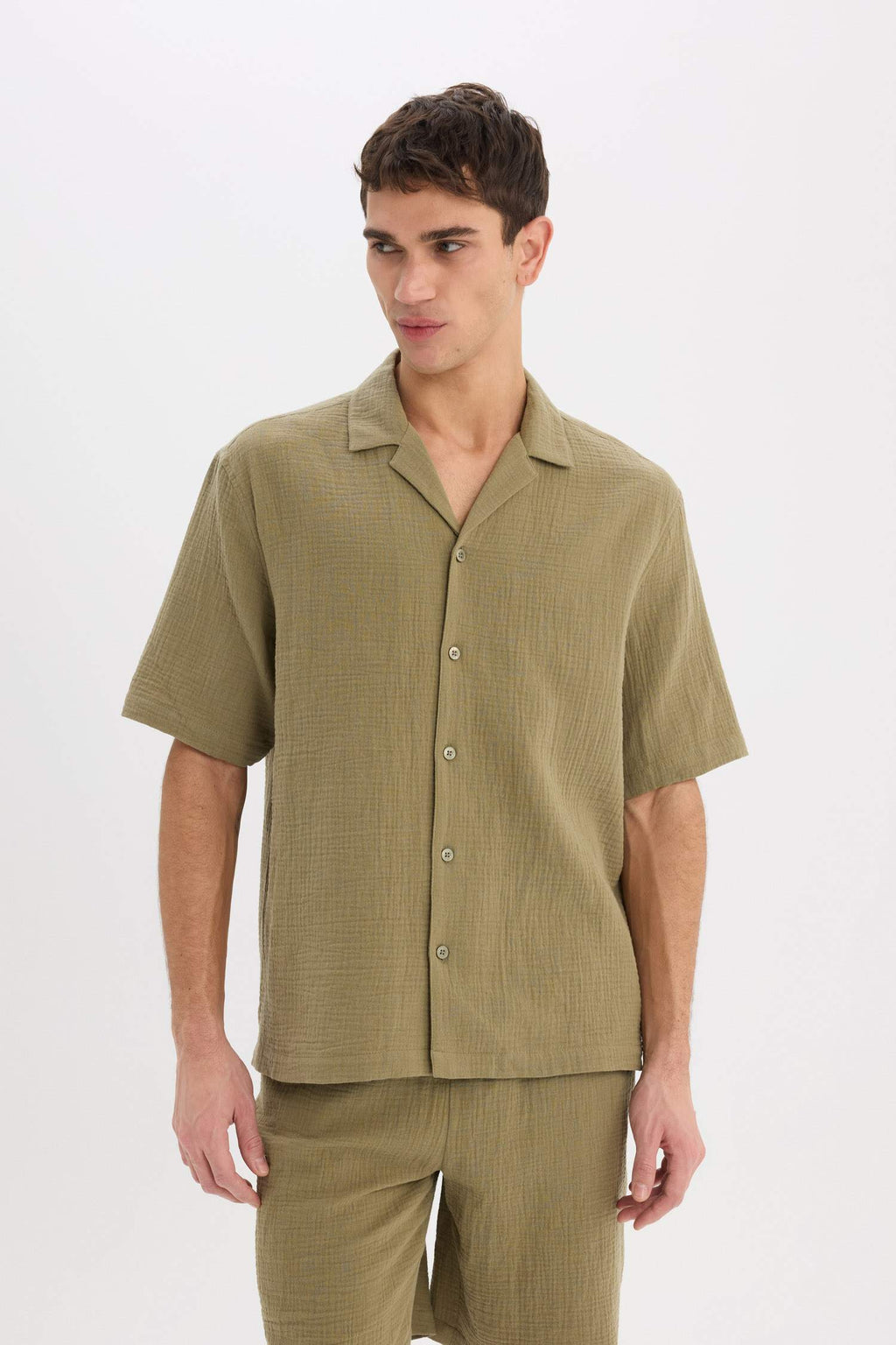 100% Cotton Relax Fit Polo Collar Cotton Summer Muslin Short Sleeve Shirt