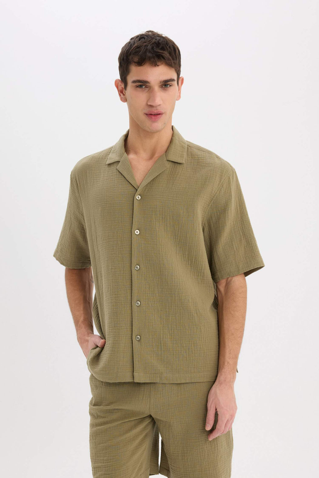 100% Cotton Relax Fit Polo Collar Cotton Summer Muslin Short Sleeve Shirt