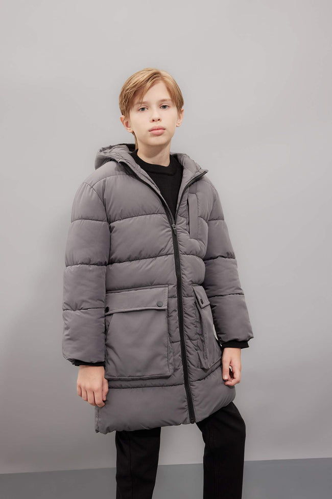 Boys Waterproof Hooded Zippered Pocket Fleece Lined Parka Hover Image
